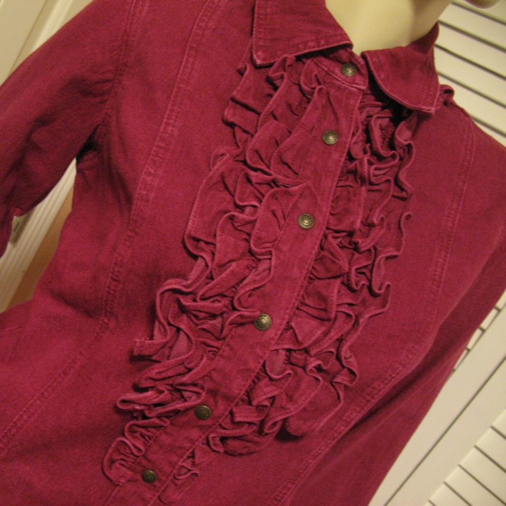 Vintage Y2K Diane Gilman Womens Denim Jean Jacket Ruffle Top S Long Sleeve Red - Picture 2 of 8